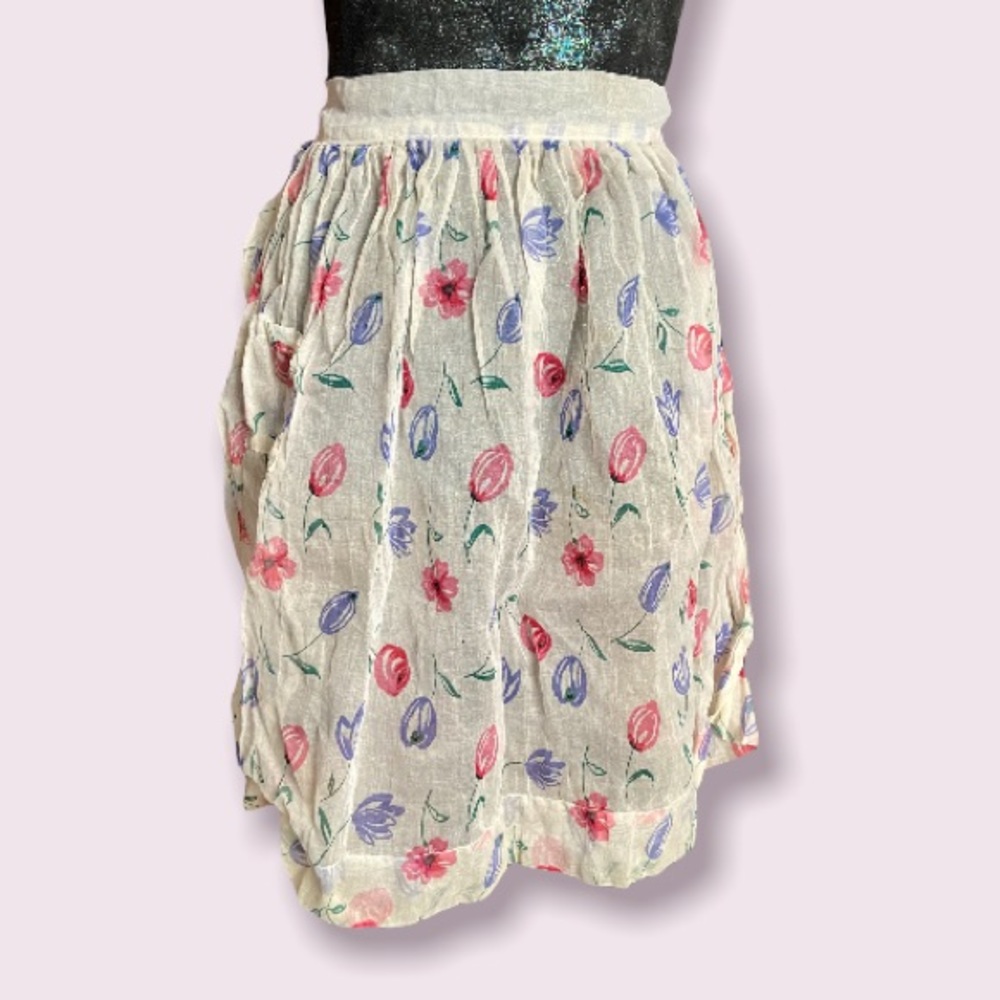 Vintage Shear Ivory Half Apron with Blue & Red Tulips and Flowers